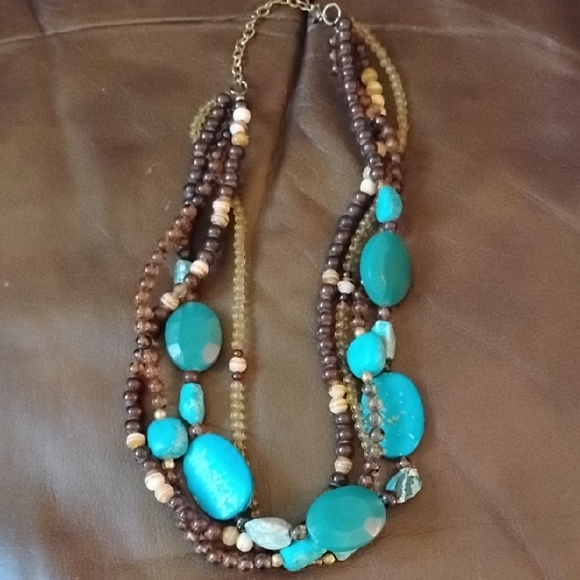 Turquoise and Brown Beaded Statement Necklace - Picture 1 of 3